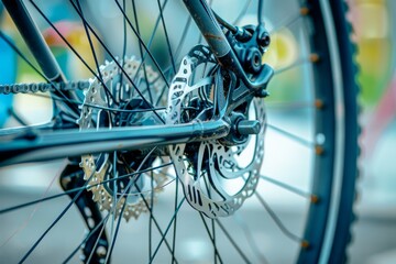 Obraz premium Close-up of grey metal brake disc and pads, integral part of road bike's braking system.. Beautiful simple AI generated image in 4K, unique.