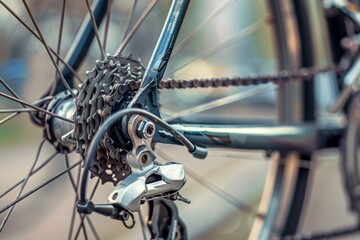 Obraz premium Ultra sharp close-up showcasing a road bike's brake system, highlighting grey metal brake disc. Beautiful simple AI generated image in 4K, unique.