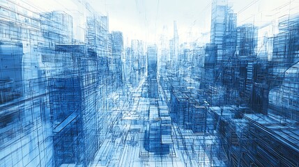 Obraz premium Abstract Skyline of Interconnected Buildings in a Blue Hue