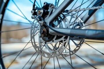 Close-up of grey metal brake disc and pads, integral part of road bike's braking system.. Beautiful simple AI generated image in 4K, unique.