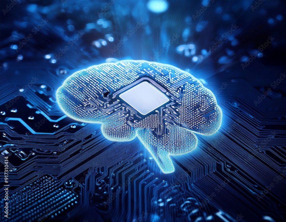 Poster intricate circuit board with illuminated brain symbol representing artificial intelligence technolog