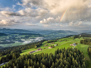aerial panorama landscape in sunny morning light in the Bregenz Forest mountains, Vorarlberg,...