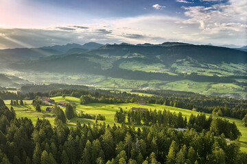 aerial panorama landscape in sunny morning light in the Bregenz Forest mountains, Vorarlberg,...
