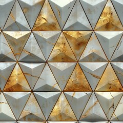 Seamless texture of a white and gold triangle mosaic pattern.