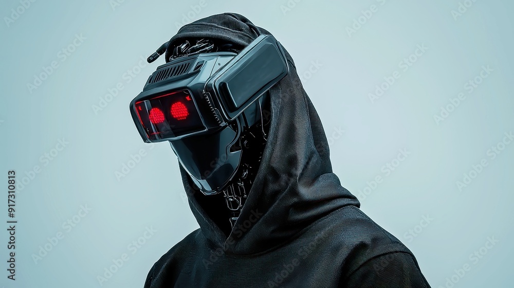 Poster Mysterious Robot in Black Hoodie, a sleek robot with glowing red eyes stands confidently in an open space, exuding an enigmatic presence with a hint of urban style