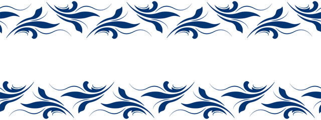 Blue leaves on white background. Folk floral border vector illustration. Ethnic paisley horizontal ornament. Vintage floral design element. Fantasy geometric shapes for decor clothes, home, etc.