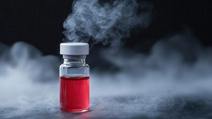 Lone chemical vial emitting subtle fumes, implying dangerous reaction, chemical vial, hazardous fumes