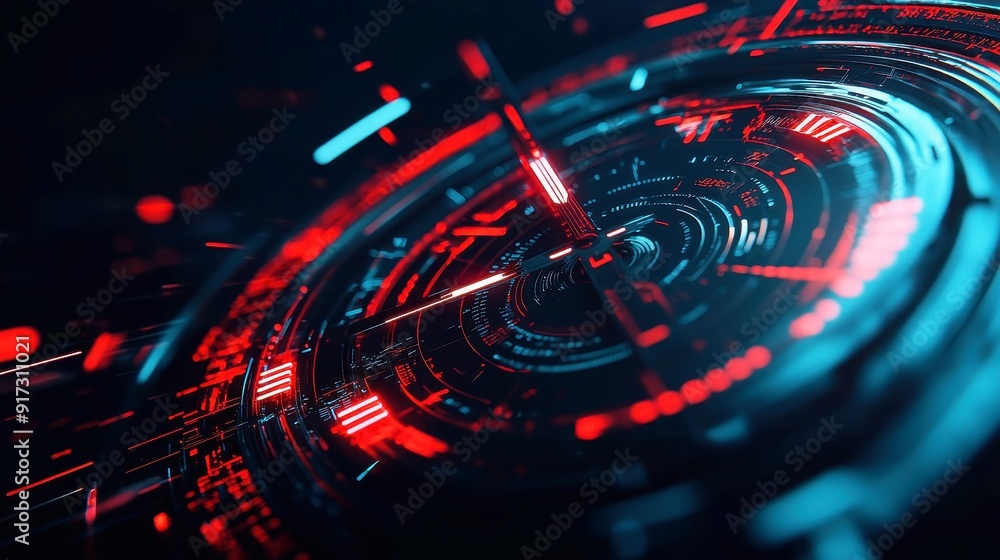 Poster Futuristic Digital Clock Interface, an abstract design showcasing a high-tech time display with glowing elements and intricate patterns, perfect for technology-themed projects.