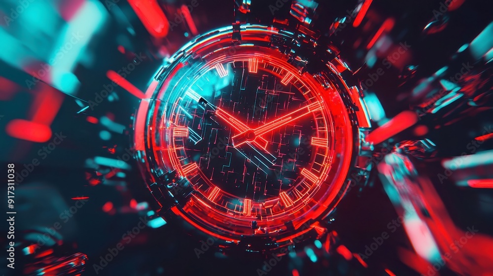 Poster futuristic digital clock interface, an abstract representation of time technology featuring glowing 
