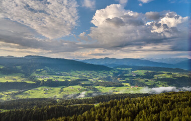 aerial panorama landscape in sunny morning light in the Bregenz Forest mountains, Vorarlberg, Austria