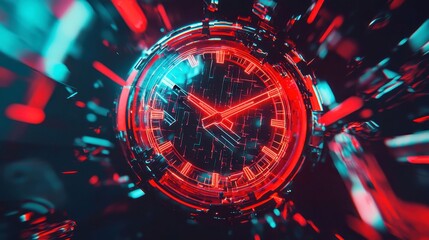 Futuristic Digital Clock Interface, an abstract representation of time technology featuring glowing elements and sleek design, set against a dark backdrop with ample negative space.