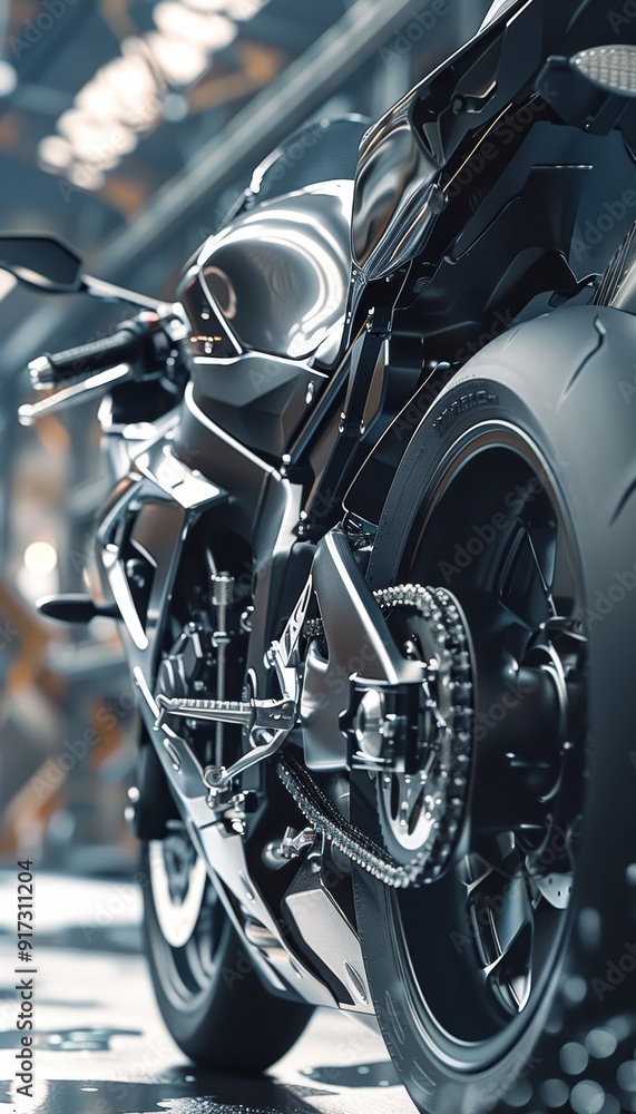 Poster high-performance motorcycle close-up showing front and rear suspension systems for design use