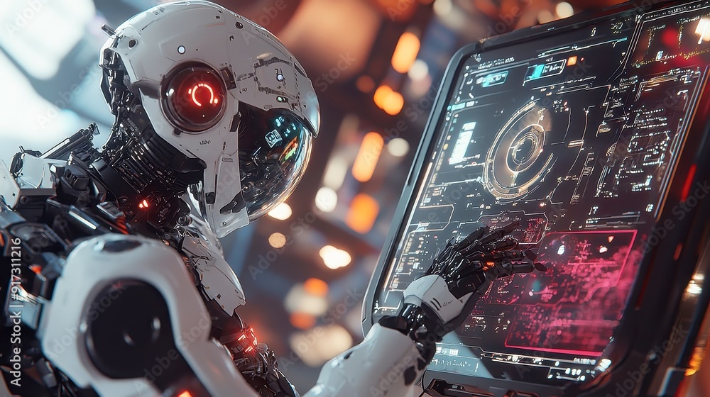 Poster cyborg analyzing virtual interface, advanced robot interacting with a digital hud, showcasing cuttin
