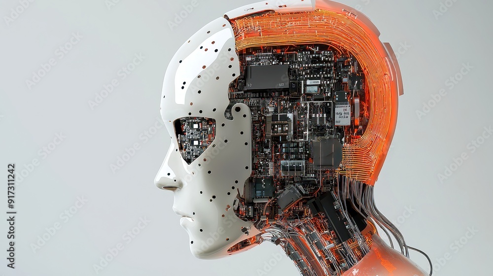 Poster ai head with illuminated data circuits, futuristic design, glowing elements, showcasing advanced tec