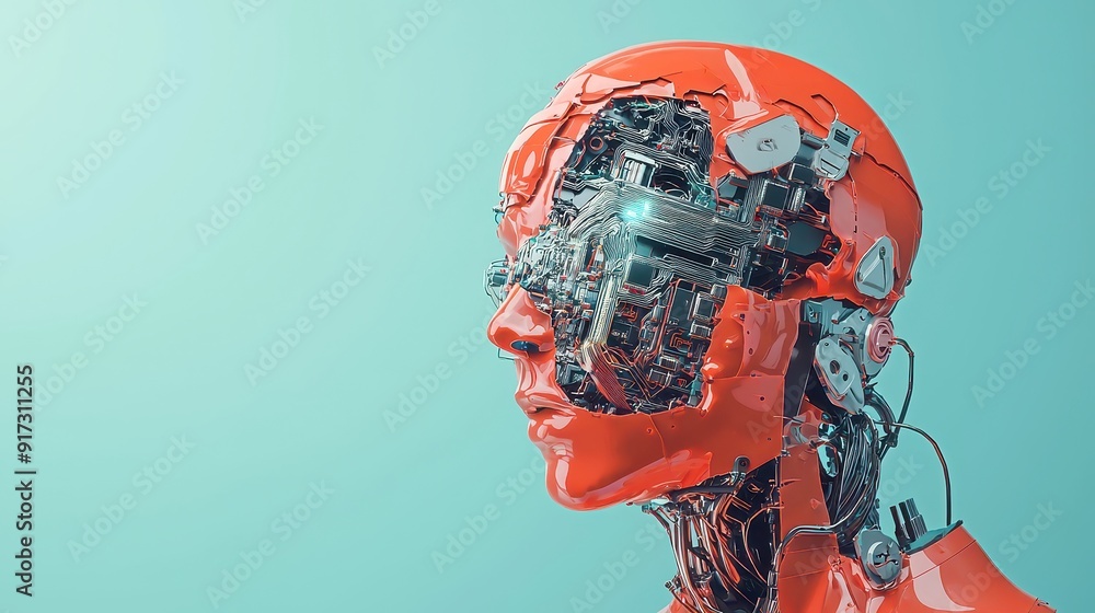 Poster futuristic ai head with illuminated data circuits, set against a minimalist backdrop, showcasing adv