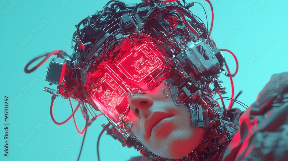 Poster ai head with illuminated data circuits, futuristic design, vibrant glowing elements, abstract repres