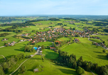 aerial view of the village of Oberreute with surround landscape in the Allgaeu Alps, Bavaria,...