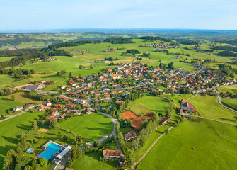 aerial view of the village of Oberreute with surround landscape in the Allgaeu Alps, Bavaria,...