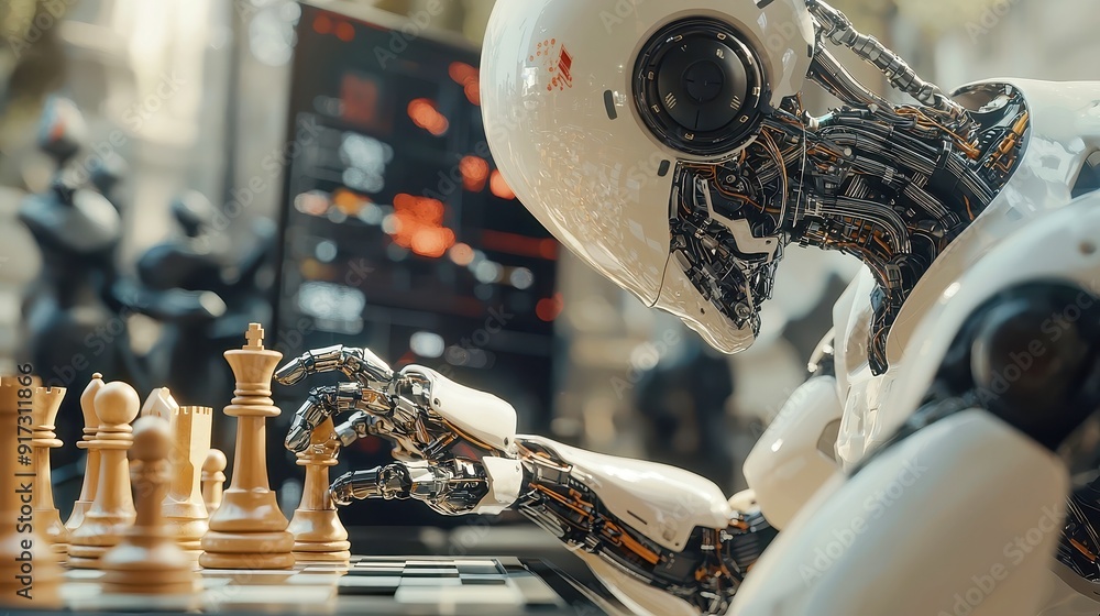 Poster ai chess match, an engaging depiction of artificial intelligence strategizing in a chess game, showc