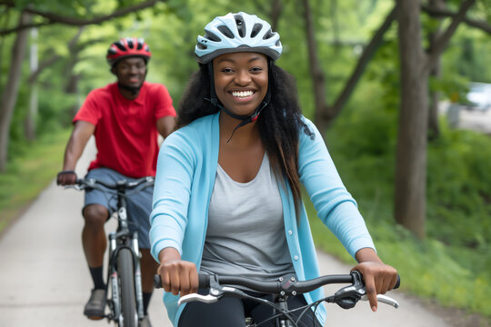 Young adult Afro American male and female couple enjoying a bike ride on a country lane in the countryside showing togetherness diversity and inclusion, biking stock illustration image 