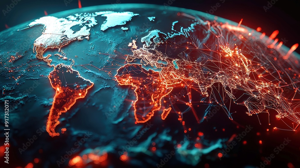 Poster global network connections, interconnected nodes across a world map, subtle blue lines representing 