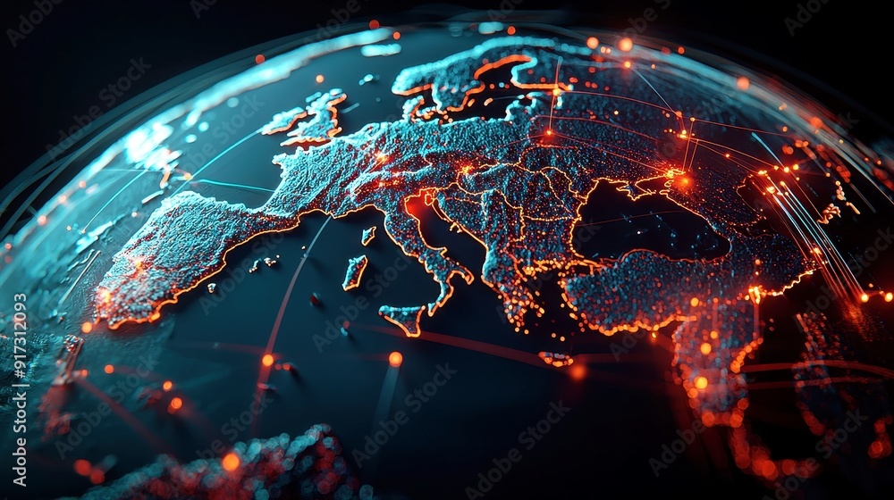 Poster global network connections, a digital illustration depicting interconnected nodes across a world map