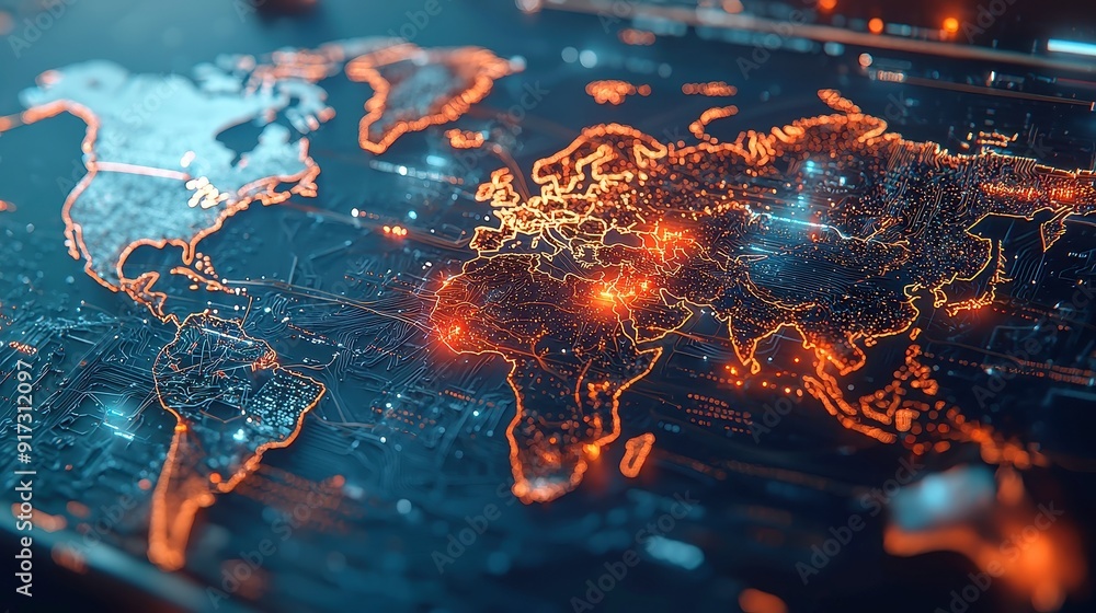 Poster global network connections, intricate blue lines interlinking nodes across the continents of a world