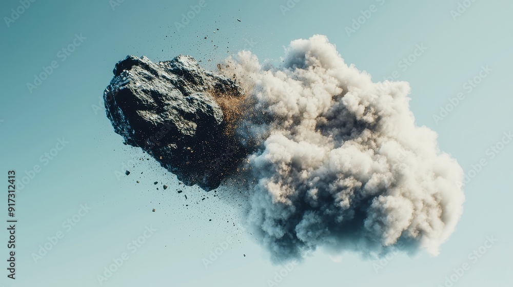 Poster erupting black rock with smoke and dust, dynamic explosion of dark minerals creating a dramatic visu