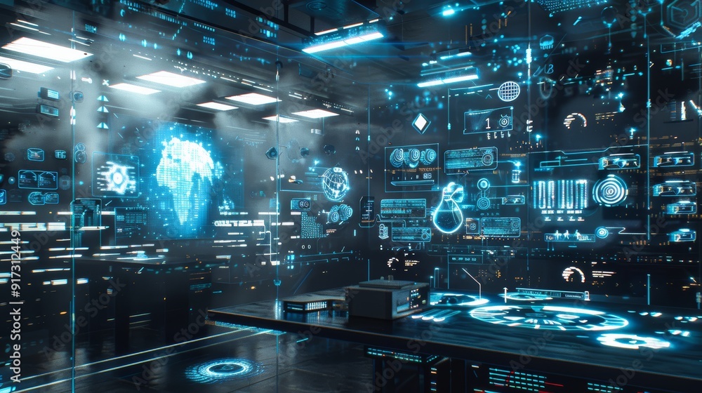 Poster futuristic workspace with cutting-edge cloud storage and ai-driven data management tools