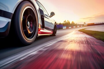 High-Performance Sports Car Speeding Down a Racetrack at Sunset - Precision and Speed in Action