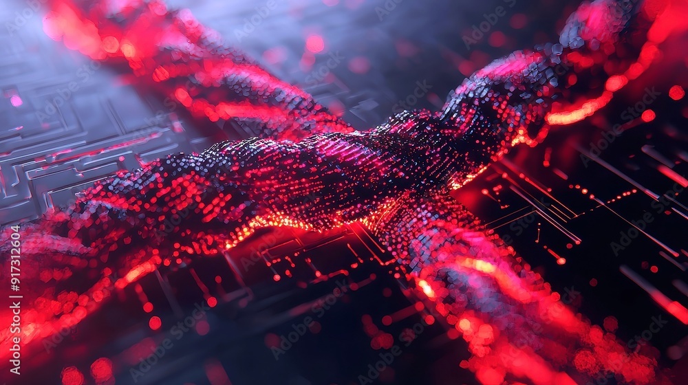 Poster futuristic grid of glowing particles, a vibrant digital landscape featuring luminous particles inter