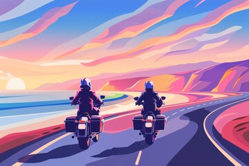 A motorcyclist rides along a wet road amidst autumn trees towards snow-capped mountains under overcast skies. Beautiful simple AI generated image in 4K, unique.