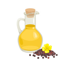 Canola oil in glass bottle. Vector cartoon flat illustration.