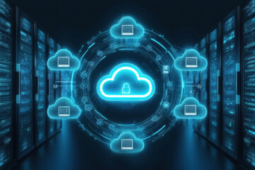Cloud technology, cloud storage on dark blue. Cloud computing, big data center, future infrastructure, digital ai concept. AI generated