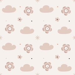 Cute pattern in Scandinavian, boho, minimalism style in beige neutral pastel colors.Clouds and flowers.Decor for the nursery, baby shower, textiles
