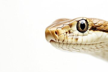 Close-up snake head on white background, 2025 symbol, blank space for text, wildlife concept