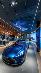 Obraz premium Luxury Car Showroom Featuring Advanced Suspension Technology Display and Interactive Exhibits