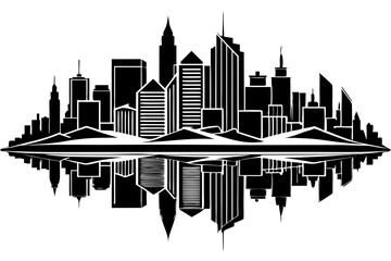 skyline with reflections in a water body below silhouette