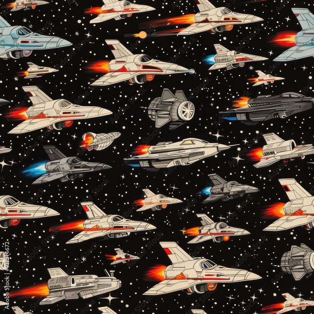 Sticker futuristic spaceships seamless pattern.