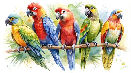 Vibrant Parrots Perched in Paint Splashes: Dripping Oil & Watercolor Wildlife Art" generative ai






