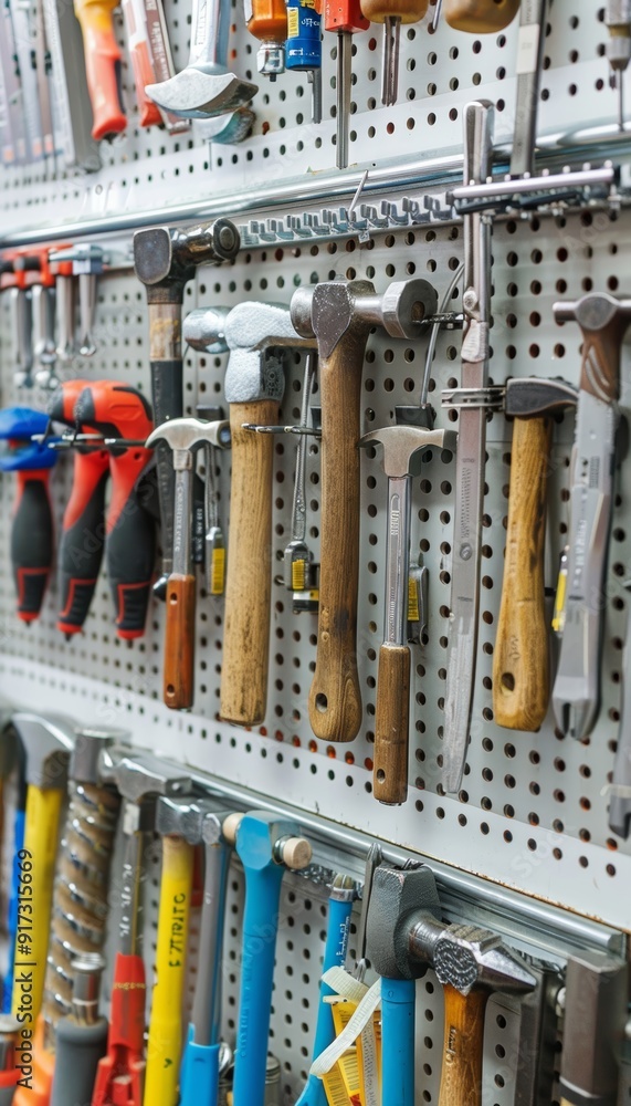 Poster neatly organized display of various hammers in a hardware store for purchase and tool selection