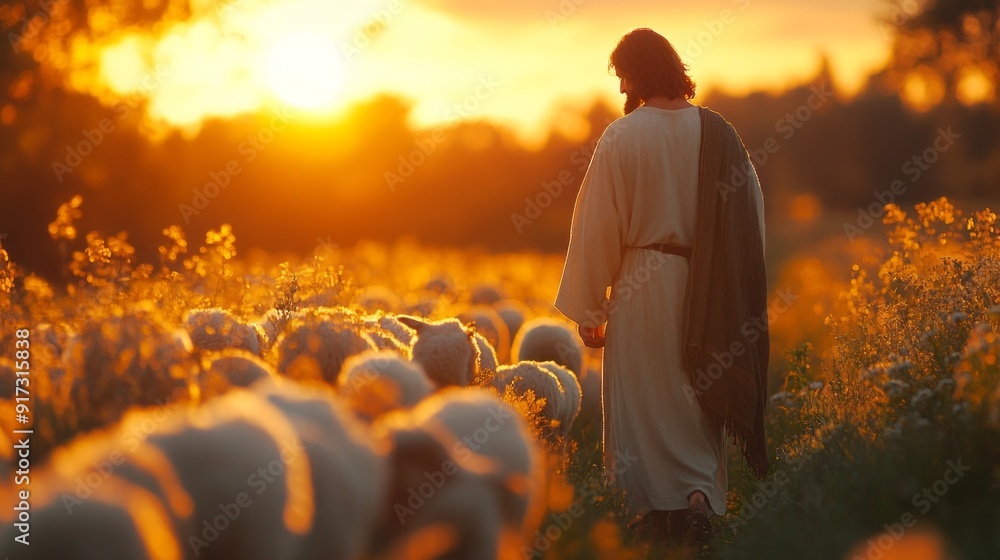 Poster a man dressed in a robe walks through a field of sheep