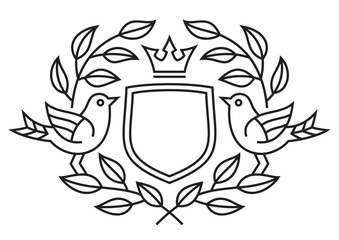 Coat of arms template with shield, birds, crown and plant elements