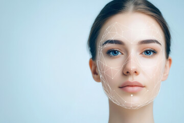 A close-up of a young woman with digital facial mapping, showcasing modern technology and beauty in harmony.