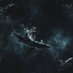 Fototapeta premium Shark swimming in dark water with sparkles.