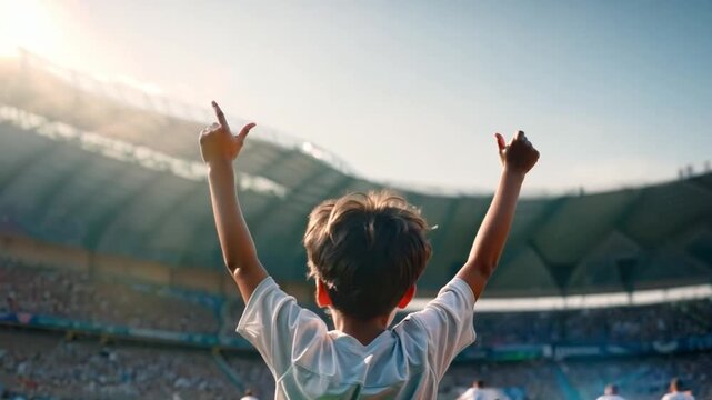 Overflowing with pure jubilation, a devoted boy football fan revels in his team's success from the stadium, emotions evoked by the sport, both for children fans and players alike. Generative AI