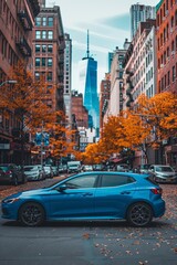 Vibrant Blue Hatchback Car in Urban Street Scene with Autumn Foliage and Tall City Buildings