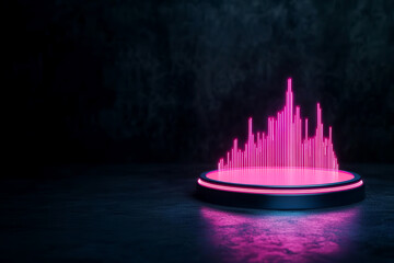 A vibrant neon sound wave visual representation standing on a dark platform, ideal for music, tech, or nightlife themes.