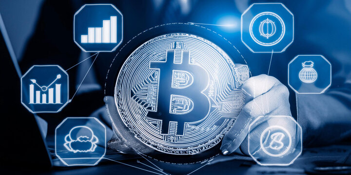 moneda bitcoin en el centro rodeada de graficos, iconos, aplicaciones para inversiones, negocios y tecnologia financiera