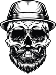 monochrome style vintage skull in a hipster hat  vector illustration silhouette monochrome style
